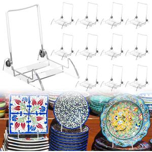 DoubleFill 12 Pcs Acrylic Plate Stand Adjustable White Wire and Clear Acrylic Display Easel 4.1" H x 3" W x 4.3" D Holder Stand for Display Plates and Pictures