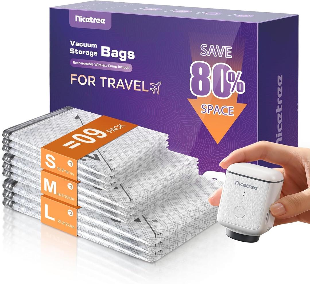 Nicetree 9-Pack Vacuum Storage Bags with Rechargeable Wireless Pump, 3 Sizes (20/24/28 Inch) Travel Vacuum Seal Bags for Clothing, Bedding & Seasonal Storage, Space Saver for Luggage