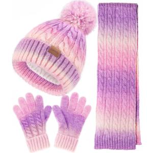 Remifa Kids Winter Hat Scarf Gloves Set, Girls Boys Toddler 8% Wool Warm Fleece Beanie Knit Neck Scarf Mittens Christmas Gift (3-8 Years Old, Candy)