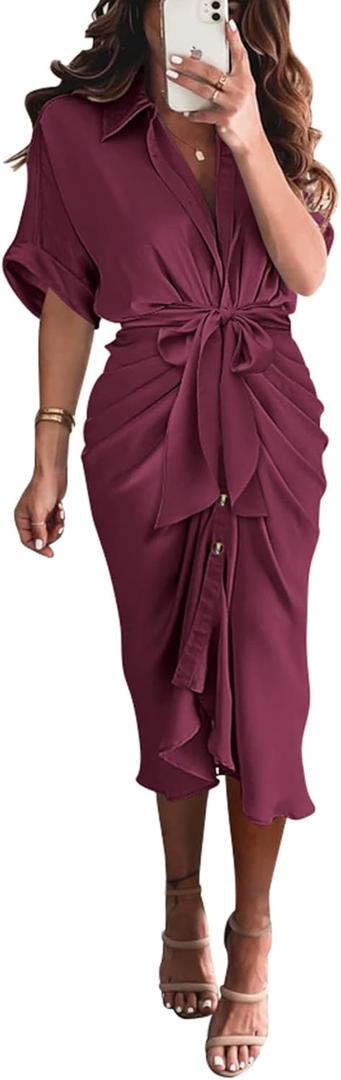 BTFBM Women Button Down Ruched Shirt Dresses Satin Short Sleeve Lapel V Neck Summer Maxi Dress 2025 Party Wedding Guest (Large, Purple Red) BTFBM Women Button Down Ruched Shirt Dresses Satin Short Sleeve Lapel V Neck Summer Maxi Dress 2025 Party Wedding Guest (Large, Purple Red)