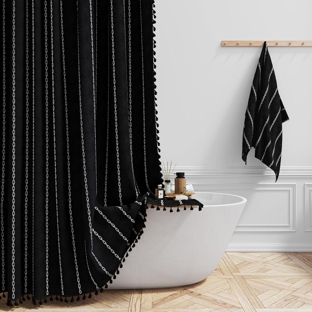 BTTN Boho Farmhouse Shower Curtain, Linen Rustic Weighted Striped Fabric Shower Curtain Set with Tassel, Water Repellent, Bohemian Vintage Country Shower Curtains for Bathroom, Black and White, 72x72 (72"W x 72"L (Pack of 1))