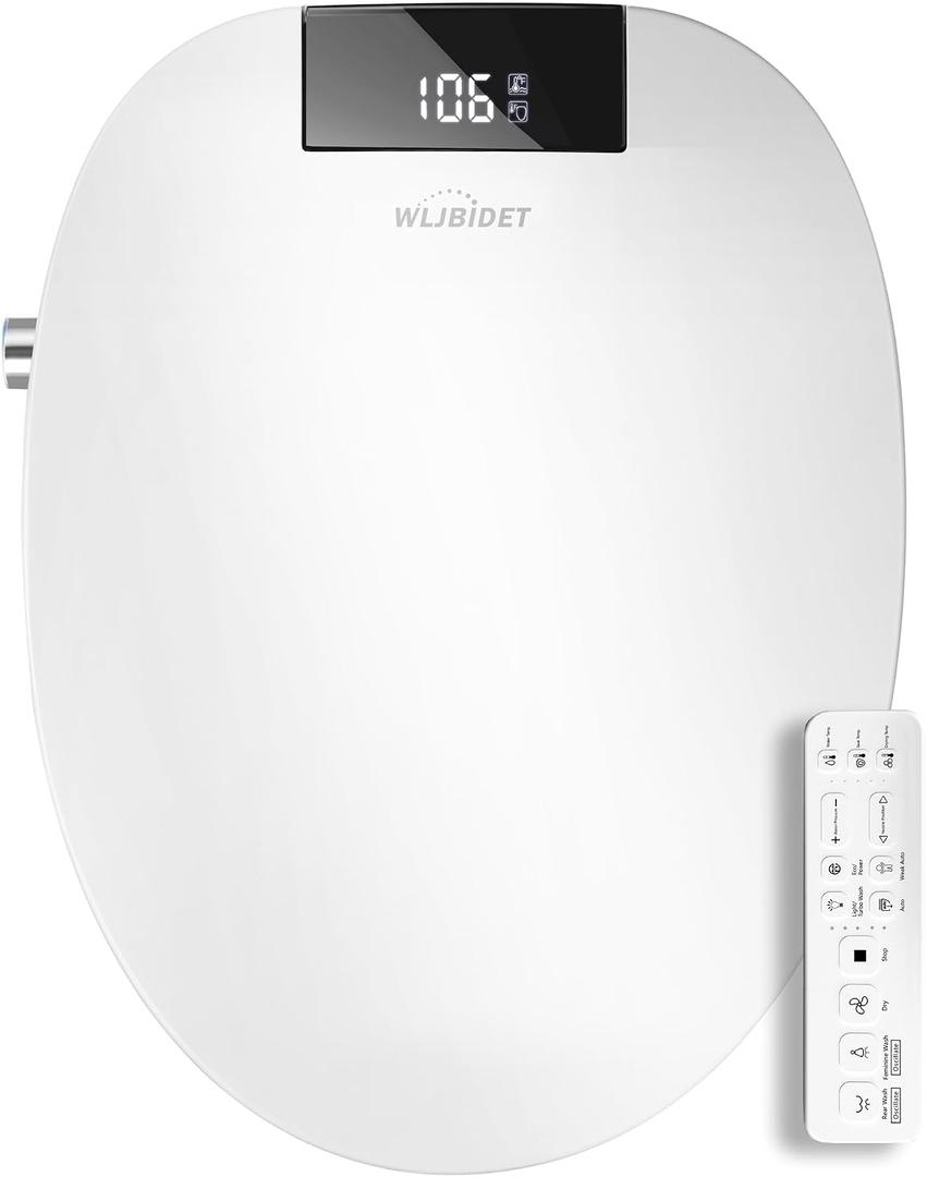 WLJBIDET Bidet Toilet Seat with Remote Control, Electronic Heated Bidet Seat with Adjustable Warm Water and Pressure, Warm Air Drying, Display Screen, Night Light, Slow Closed Toilet Lid, Elongated