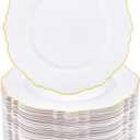 WDF 60pcs Gold Plastic Dinner Plates -10.25 Inch Baroque White and Gold Plates Fancy Plastic Plates for Upscale Bridal Shower & Wedding & Birthday