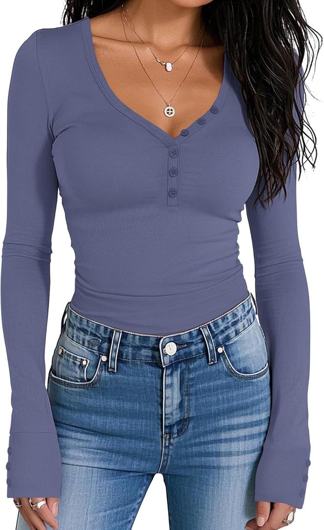 Prettywear Women Long Sleeve Henley Shirts V Neck Button Tight Slim Fitted Top Going Out Tees 2025 Trendy Spring Fall (L)