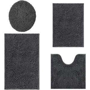 Bathroom Rugs Sets 4 Piece, Extra Soft Absorbent Chenille Bath Rugs, Non Slip Rubber Backing Machine Washable Quick Dry Bath Mats for Bathroom Floor, Tub, Shower, Home Decor Accessories, Deep Grey (16"x24"+20"x32"+U20"x20"+Cover18"x19", Dark Gray)