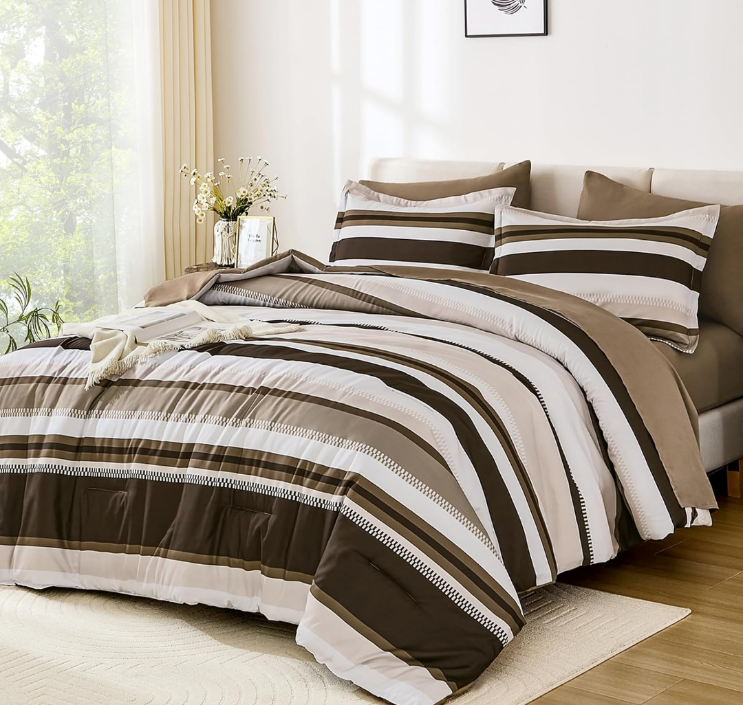 WONGS BEDDING Comforter Queen Size, Brown 7 Pieces Comforter for Queen Bed Striped Bed in a Bag Soft Bedding Comforter Set for All Season(90"×90")