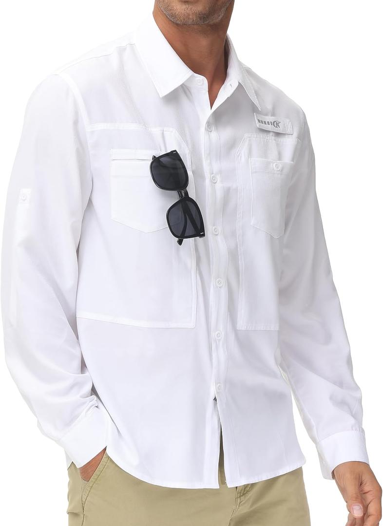 Men's UPF 50+ Sun Protection Fishing Shirts Long Sleeve Lightweight Hiking Travel Work Button Down Shirt Zipper Pocket (Large, White)