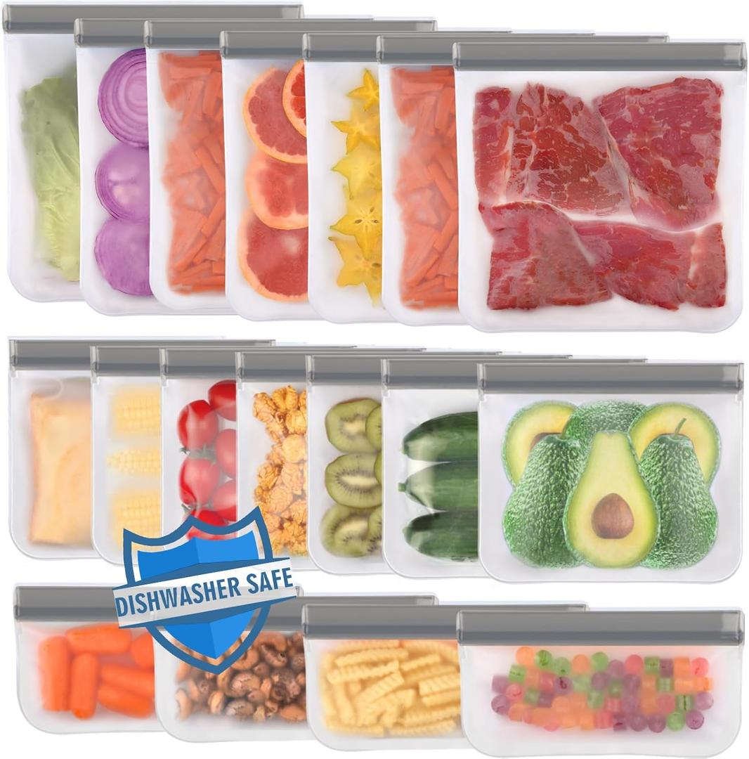 Lerine Dishwasher Safe Reusable Bags, Leakproof Reusable Freezer Bags, BPA Free Food Storage Bags for Lunch Marinate Food Travel (Grey, 18 Pack-7 Gallon 7 Sandwich 4 Snack)
