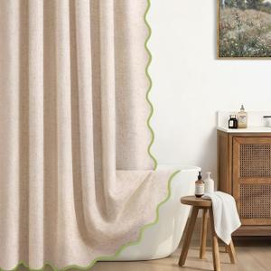 Linen Shower Curtain Flax Cream Cute Green Scalloped Boho Modern Shower Curtains for Bathroom Set, 72" W x 72" L