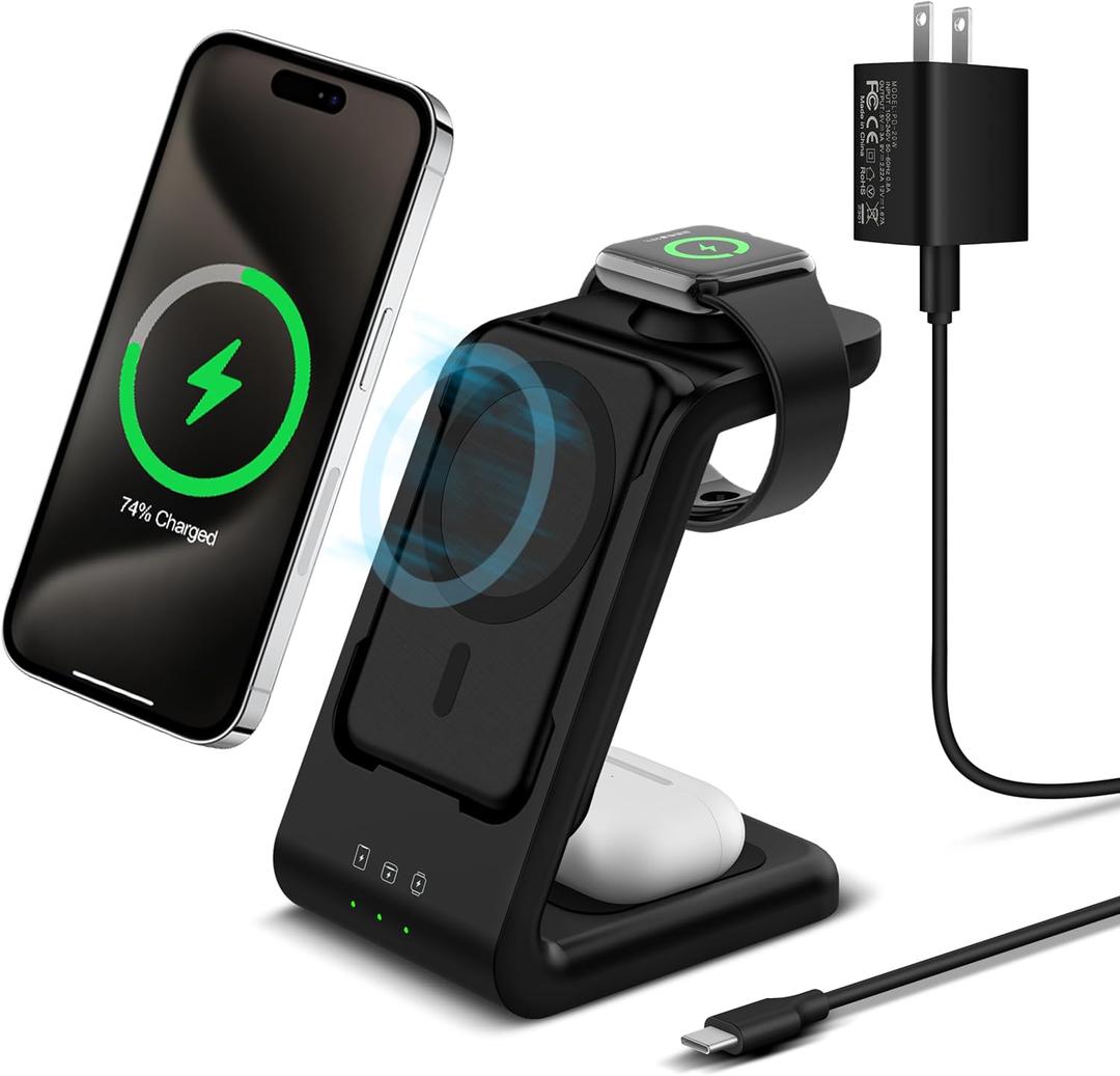 3 in 1 Wireless Charging Station: 5000mAh Removable Power Bank Charger Stand for Phone/Watch/Air Pods - Portable Magnetic Battery Pack for Air 17 16 15 14 13 12 Series (Black)