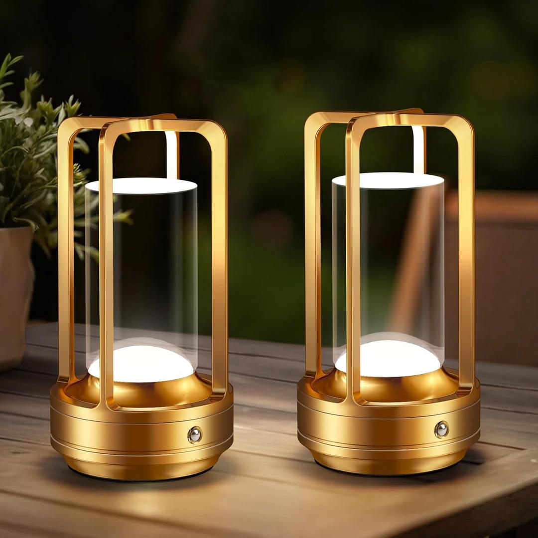 Portable Table Lamp for Outdoor Indoor: Cordless Rechargeable Desk Lamp with 3 Color Stepless Dimmable - Metal Battery Operated Lantern Light for Bedroom/Bar/Coffee Shop/Camping (Gold (2 Pack))
