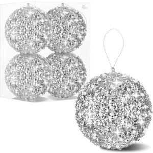 4 Pcs 4 Inch Christmas Ball Ornaments Glitter Sequin Ball Large Silver Christmas Tree Decorations Xmas Hanging Balls for Home New Year Holiday Indoor Outdoor Party Decor (4, Silver, 4 Inch)
