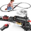 Hot Bee Train Set for Boys, Alloy Remote Control Train Toys with Steam Locomotive Cargo Cars Tracks, Trains with Realistic Smoke Sound Lights,Christmas Train Toys Gifts for 3 4 5 6 7 8+ Years Old Kids