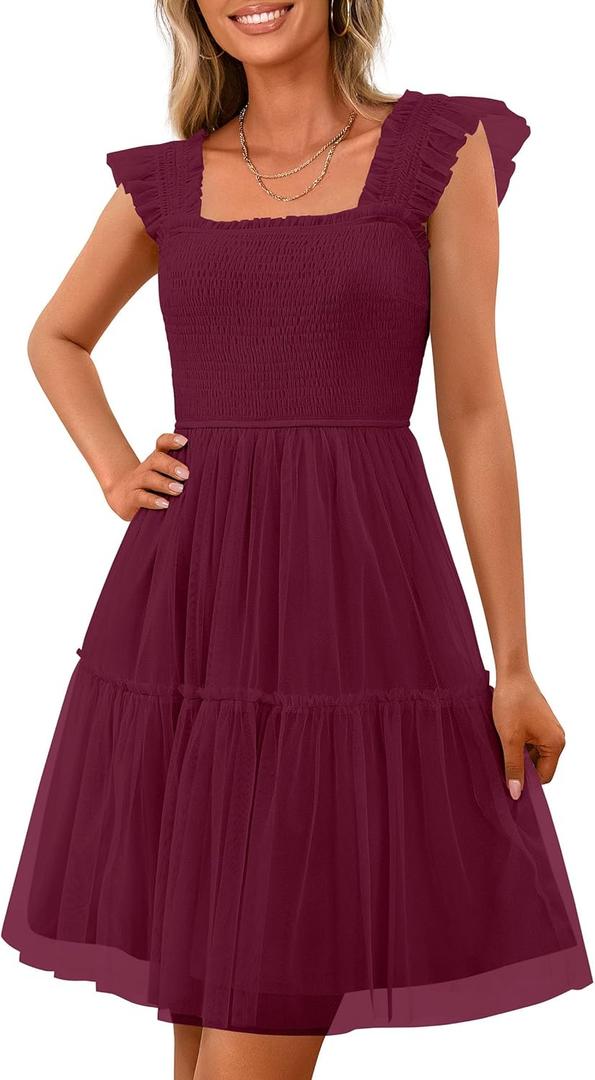 PRETTYGARDEN Womens 2025 Trendy Mini Summer Dresses Sleeveless Tulle Ruffle Square Neck Tiered Smocked Beach Vacation Dress (XL)