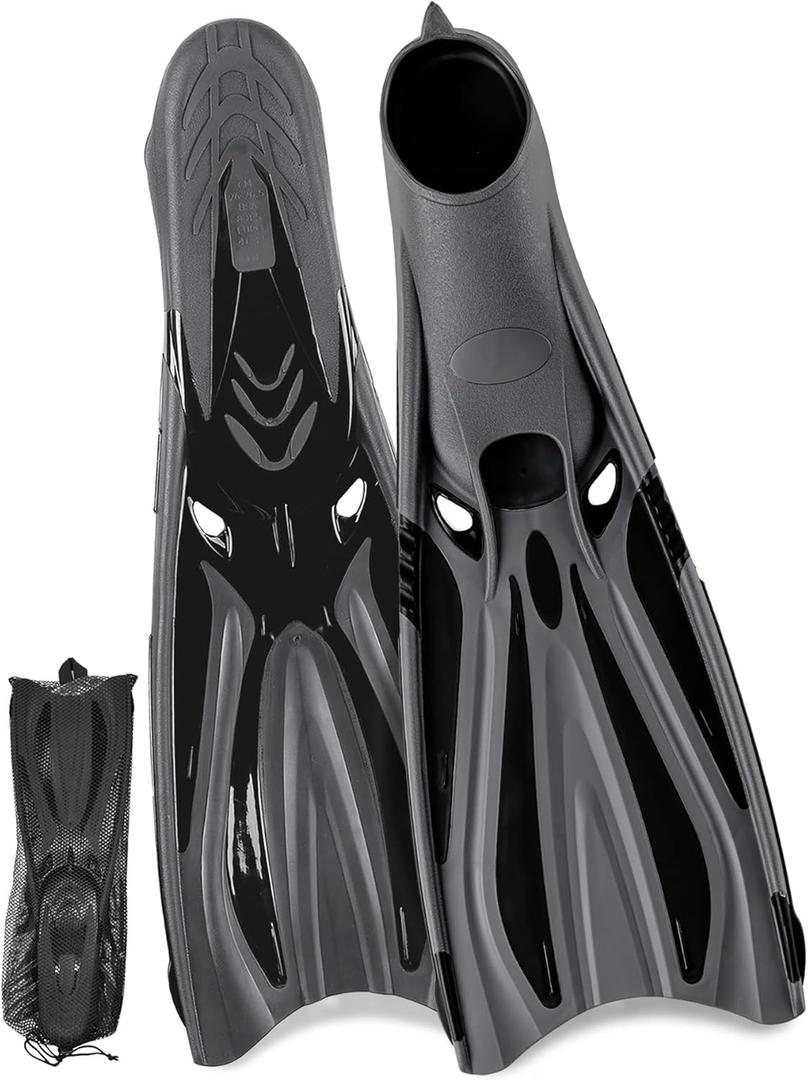 Adult Snorkel Fins - Men & Women's Long Scuba Diving Fins for Travel & Snorkeling (US Men 7-7.5 | US Lady 10-10.5, Grey Black)