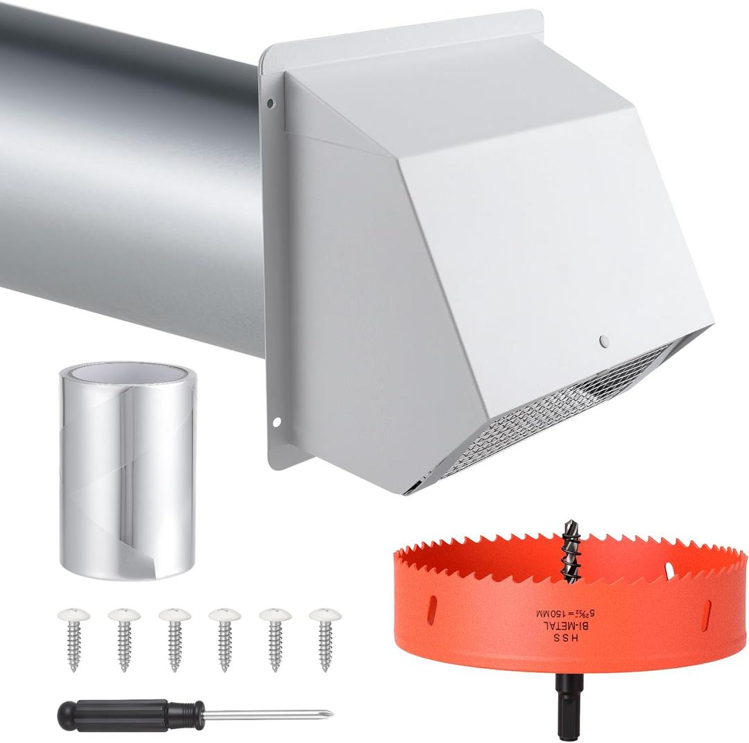 6 Inch Hooded Wall Vent with Screen and Damper, Exhaust Vent Cover Cap for Kitchen Range Hood Dryer Ventilation, Outdoor Wall Mount Extractor for Dryer, Kitchen, Bathroom-Galvanized Steel, White
