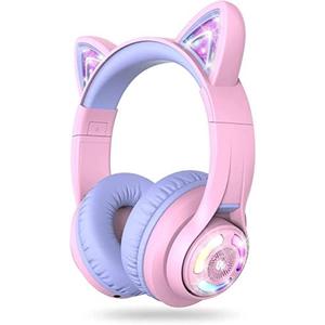 iClever Cat Ear Kids Bluetooth Headphones, LED Lights Up, 74/85dBA Safe Volume Limited, 50H Playtime, Bluetooth 5.2, USB C, Kids Headphones Wireless Over Ear for Travel iPad Tablet, Meow Macaron-Purple