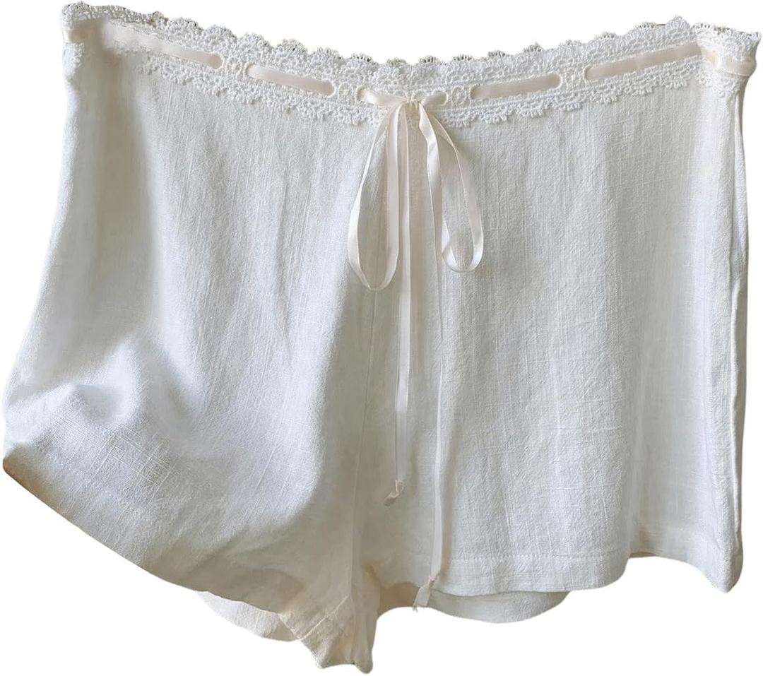 MakeMeChic Women's Lace Trim Elastic Waist Shorts Tie Front Summer Mini Shorts Lounge Shorts (Medium, White)