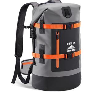 HEETA Dry Bags Waterproof Backpack 40L for Men & Women, Roll Top Heavy Duty Cushioned Hiking Backpack for Kayaking Boating Paddle Boarding Fishing Travel Camping Beach Vacation Cruise Ship Essentials (Grey)