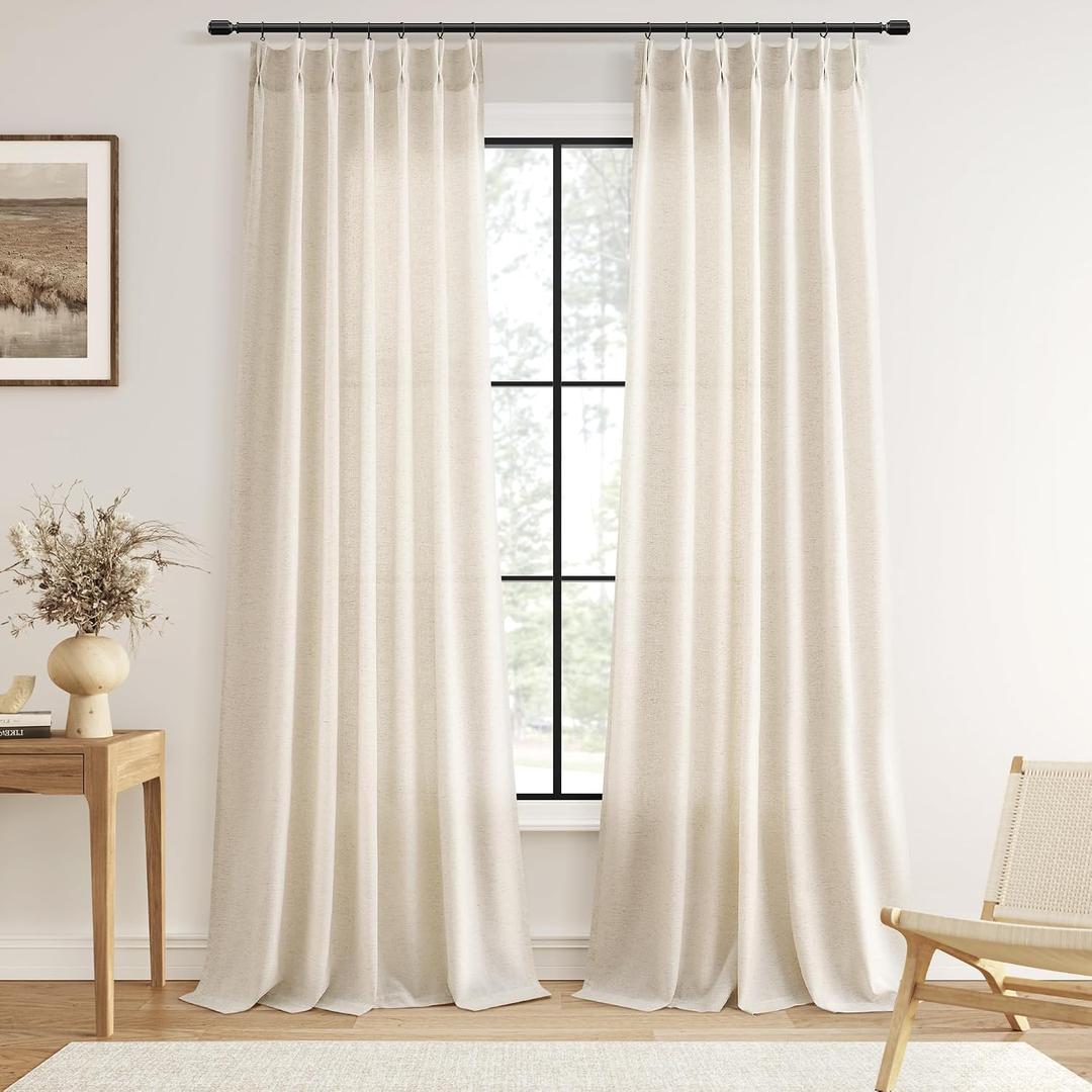 Guken Pinch Pleated Linen Curtains 100 Inches Long Natural Cream Beige Semi Sheer Textured Light Filtering Window Curtain for Living Room Bedroom Pinch Pleat Drapes with Hooks Rings 2 Panels 40x100