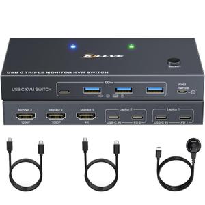 USB C KVM Switch 3 Monitors 2 Laptops 4K 1080P@60Hz, USB-C Docking Station Triple Monitor KVM Switches with 4 USB 3.2 Ports, 10Gbps 80W PD Charging, For Windows and Mac OS, Driver Installation is Required