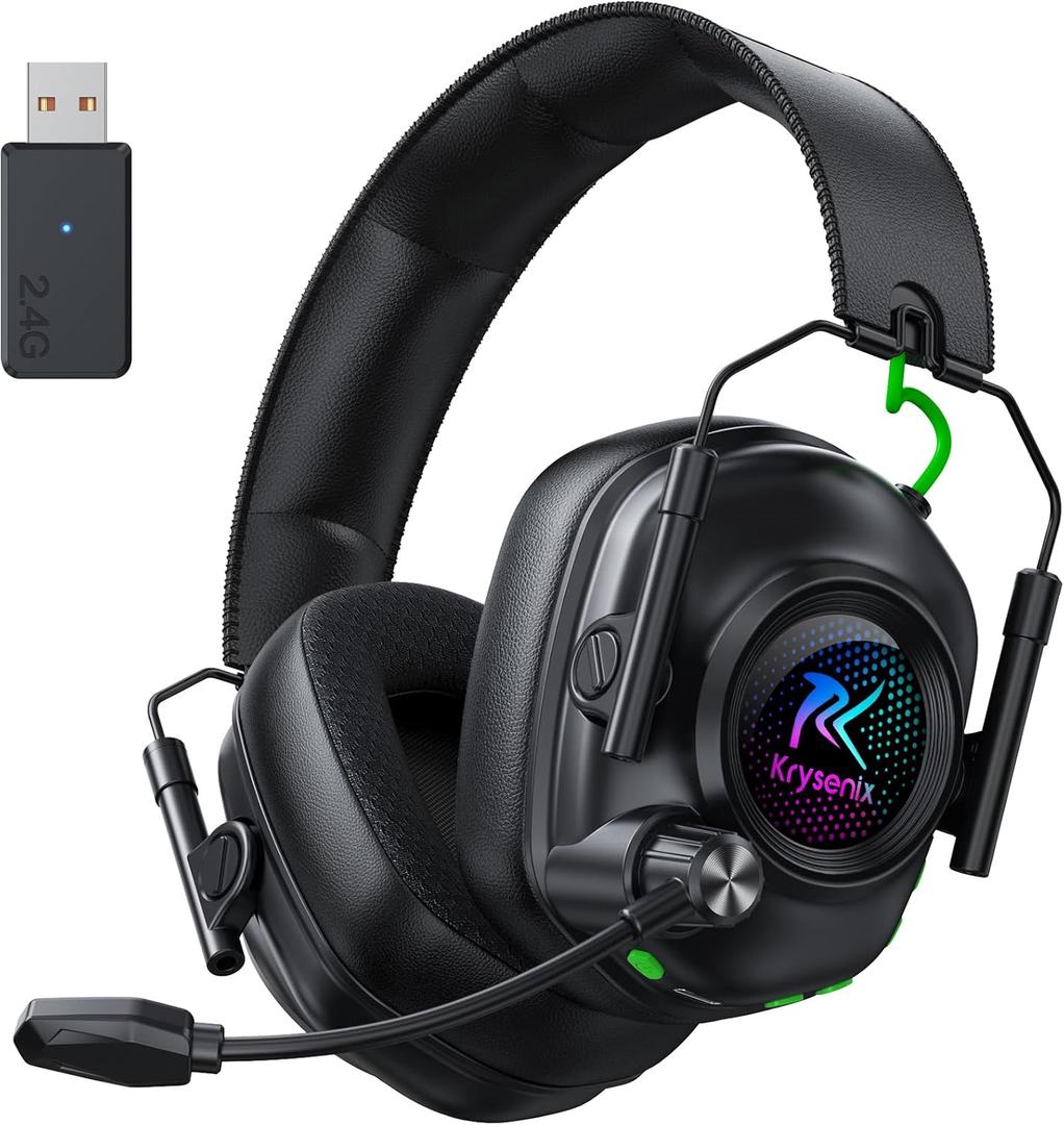Krysenix Wireless Gaming Headset with Noise Canceling Microphone for PC, PS5, PS4, Switch, Mac, 2.4 GHz Wireless & Bluetooth 5.4 Gaming Headphones, Cool RGB Lighting, 40Hr Battery, 50mm Drivers-Black