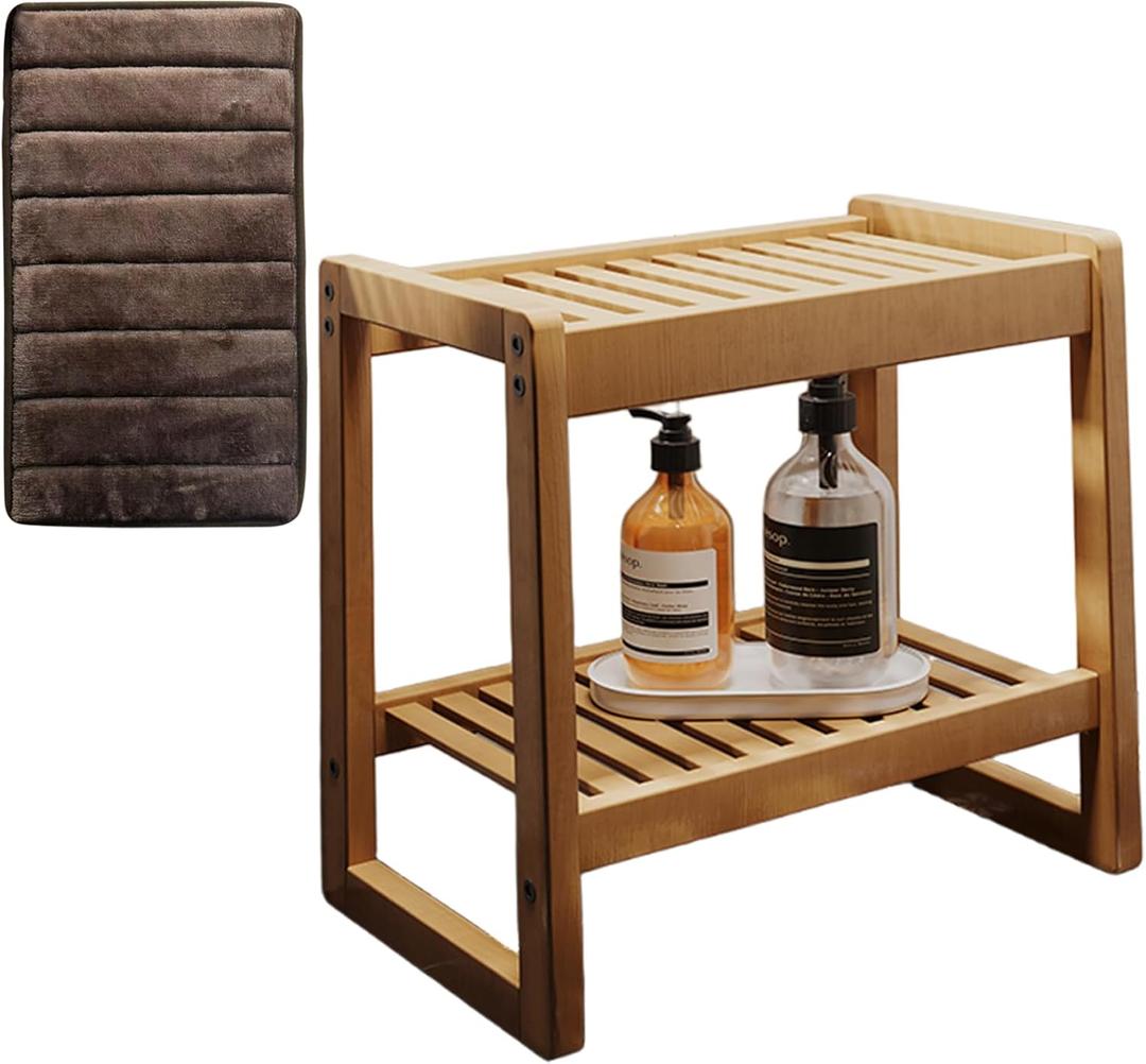 Wooden Shower Bench Seat with Shelf & Handle, Non-Slip Bath Stool with Soft Cushion, 220lbs Portable Entryway Shoe Bench, For Adults, Elderly, Disabled, Waterproof & Easy to Assemble (Bamboo color)