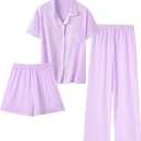 Umeyda Girls Lyocell 3 Piece Pajamas Set Button Down PJs Set Soft Loungewear Short Sleeve Sleepwear, Size: 13-14 Years