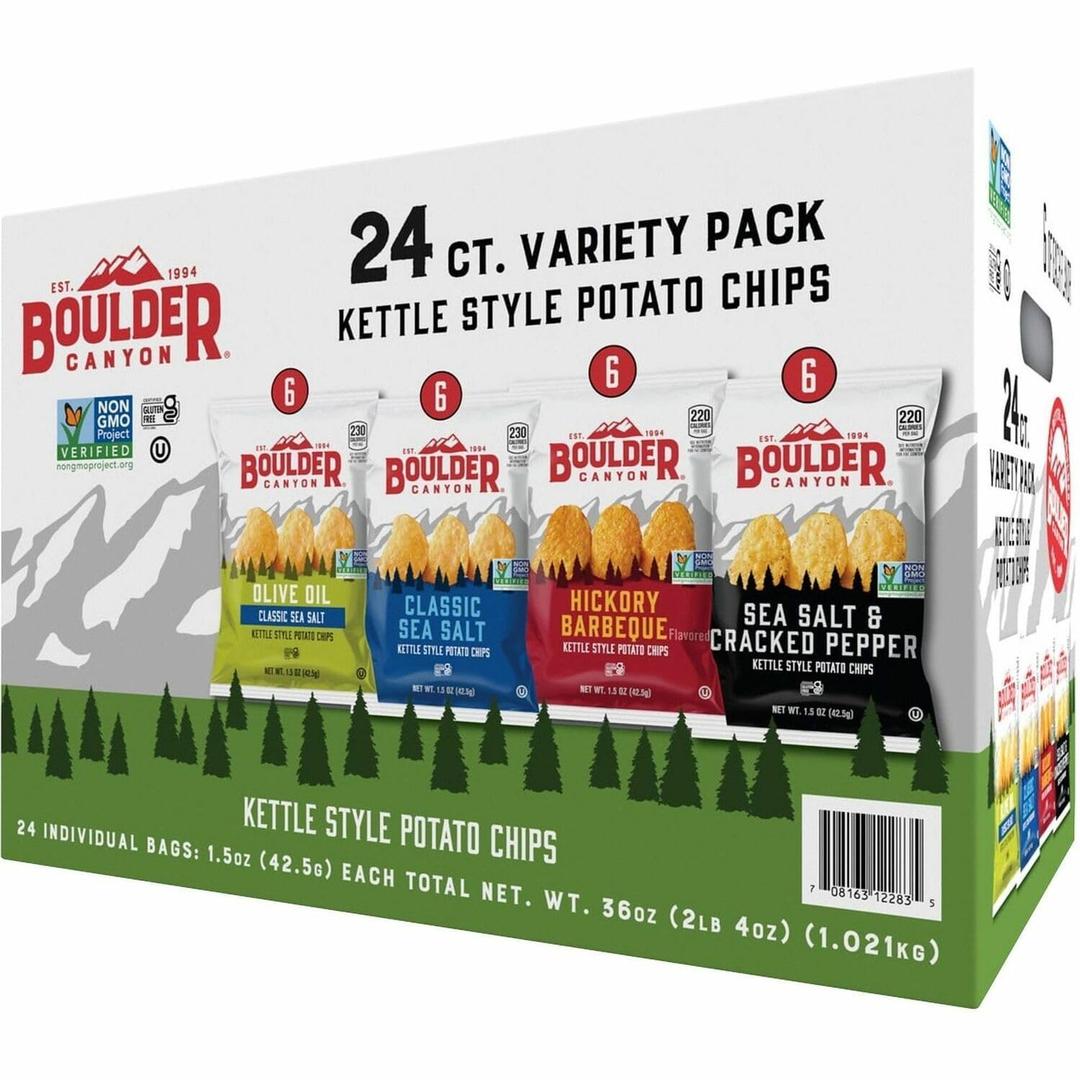 Boulder Canyon Kettle Style Potato Chips Variety Pack, 24 Count, Assorted 1.5oz. Bags, Olive Oil Classic Sea salt, Hickory BBQ, Sea Salt & Cracked Pepper, Classic Sea salt, BBD 10/13/2025