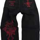 Y2K Jeans Men's Hip Hop Vintage Skull Embroidery Wash Denim Pants Gothic Straight Tube Loose Wide Leg Pants (Black, S)