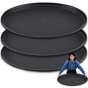 3 Pcs Large Restaurant Serving Trays 24" x 29" Oval Plastic Food Serving Tray Non Slip Rubber Lined Black Serving Tray for Cafeteria (3)