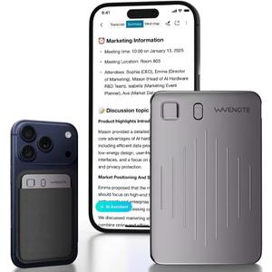 WaveNote AI Voice Recorder, Transcribe & Summarize Recorder, 42 Hours Continuous Recording, Support 112 Languages, 64GB AI Recorder for Meetings, Lectures, Calls,Multi-Speaker Voice Recognition (Black)