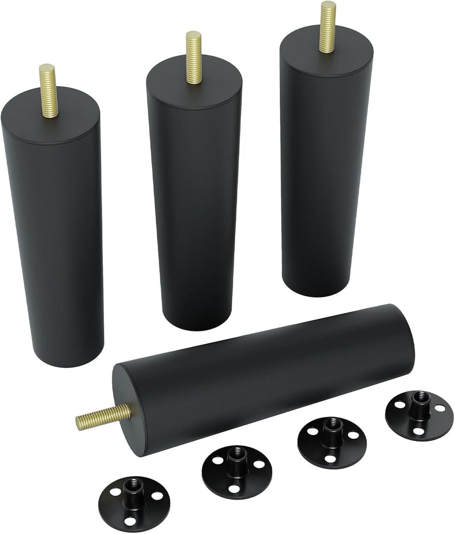 4 Pack 6 Inch Black Plastic Furniture Legs - Round Tapered Sofa/Couch/Chair Legs with M8 T-Nuts & Plate Nuts - Replacement Feet for DIY Projects, Coffee Tables, Dressers, Beds, 6 inches x 1.9 inches