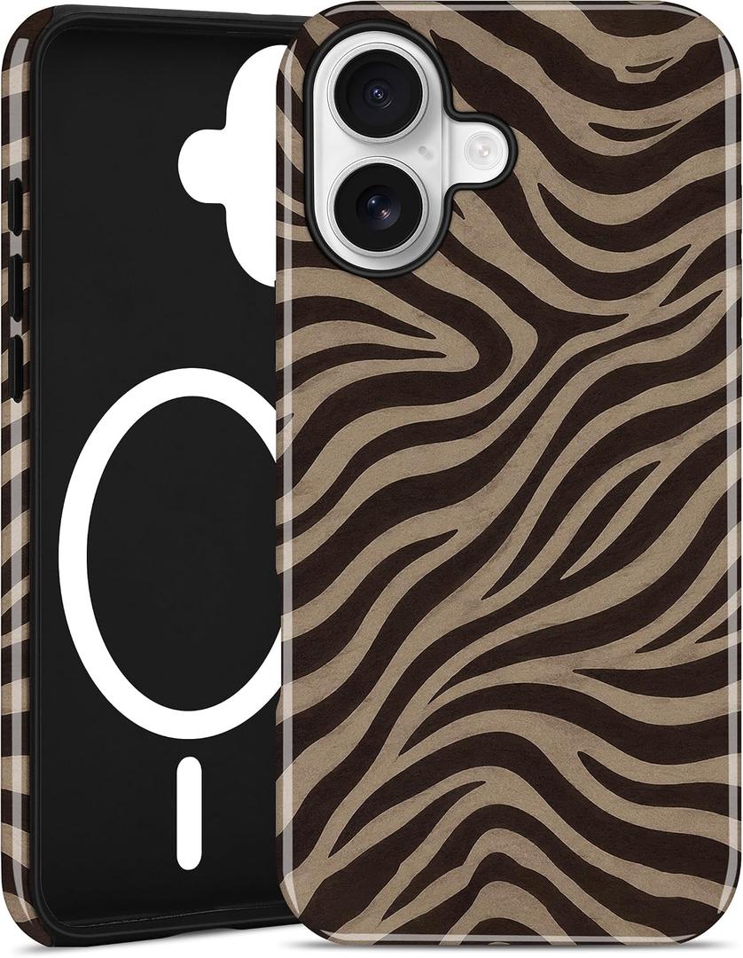 Jusy Magnetic Zebra Phone Case for iPhone 16 Plus,Coffee | Compatible with MagSafe, Cute Aesthetic Zebra Design, TPU and PC Protective Shockproof Cover