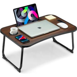 Foldable Lap Desk, Laptop Bed Desk, Portable Lap Table, Laptop Bed Table with Cup Holder & Tablet Slot & Lifting Handle for Working Writing Drawing & Eating - Walnut Brown