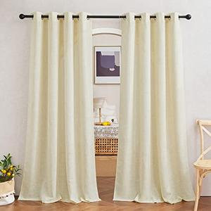 Linen Curtains 63 inch Long for Living Room, Grommet Semi Sheer Curtains Flax Linen Blend Privacy Added with Light Filtering Drapes for Farmhouse, Butter, W52 x L63, 2 Panels