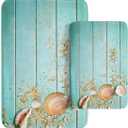 Britimes Beach Shell Sea Bathroom Rug Mat Set of 2, Boho Blue Wood Pattern Washable Cover Floor Rug Carpets Floor Bath Mat Bathroom Decorations 16x24 and 20x32 Inches