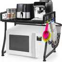 DEAYOU Extendable Microwave Oven Rack, 2-Tier Toaster Stand Utensils Storage with 8 Hooks, Adjustable Kitchen Countertop Organizer Shelf for Air Fryer, Rice Cooker, Spice, 110lbs Weight Capacity