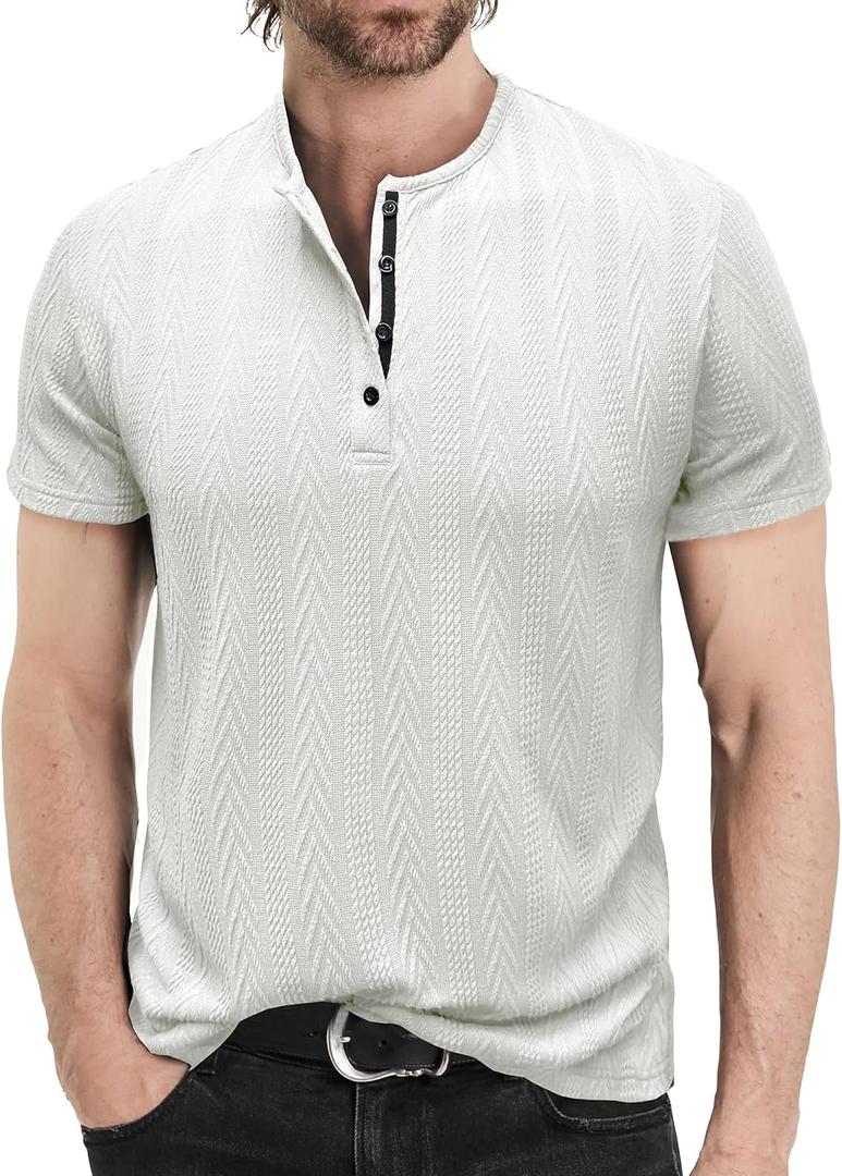 Mens Shirts Short Sleeve Jacquard Henley Shirts Casual Basic Tee Button Fashion Soild T Shirts (L)