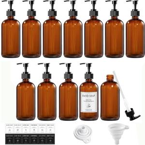 12 Pack Amber Glass Bottles 8oz with Pump Dispensers, Refillable Empty Pump Bottles for Bathroom, Kitchen, Shampoo, Soap, Lotion  Includes 2 Funnels & 12 Labels