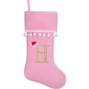 19 Inch Pink Velvet Stockings, Personalized Christmas Stocking, Embroidery Initial with White Pom Pom Trim, Holiday Fireplace Mantel & Xmas Party Decor, Letter H