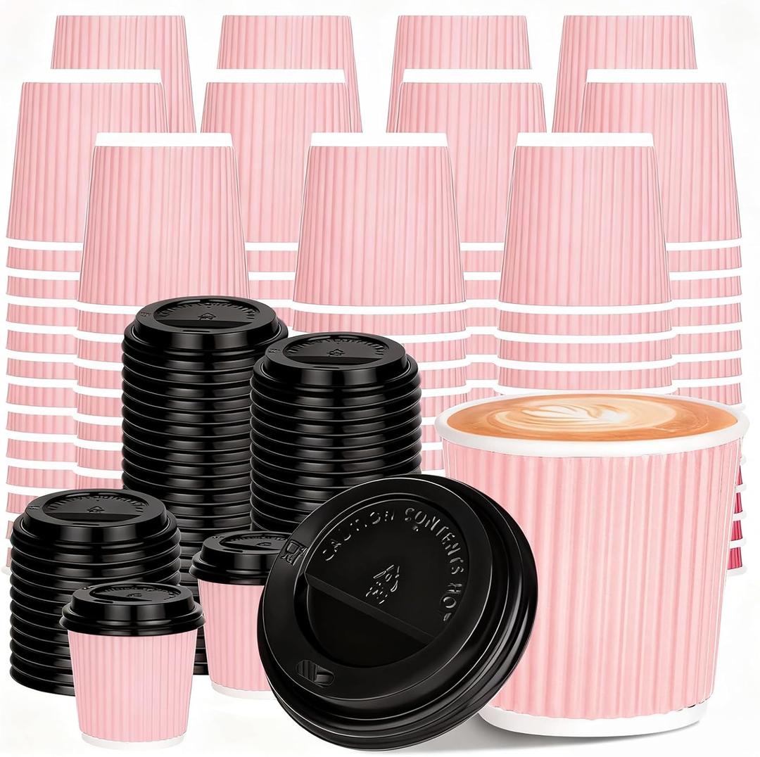 100 4oz Disposable Espresso Cups with Lids Ripple Corrugated Paper Disposable Coffee Cups Cups for Hot Chocolate, Tea, and Cocoa Drinks (Pink)