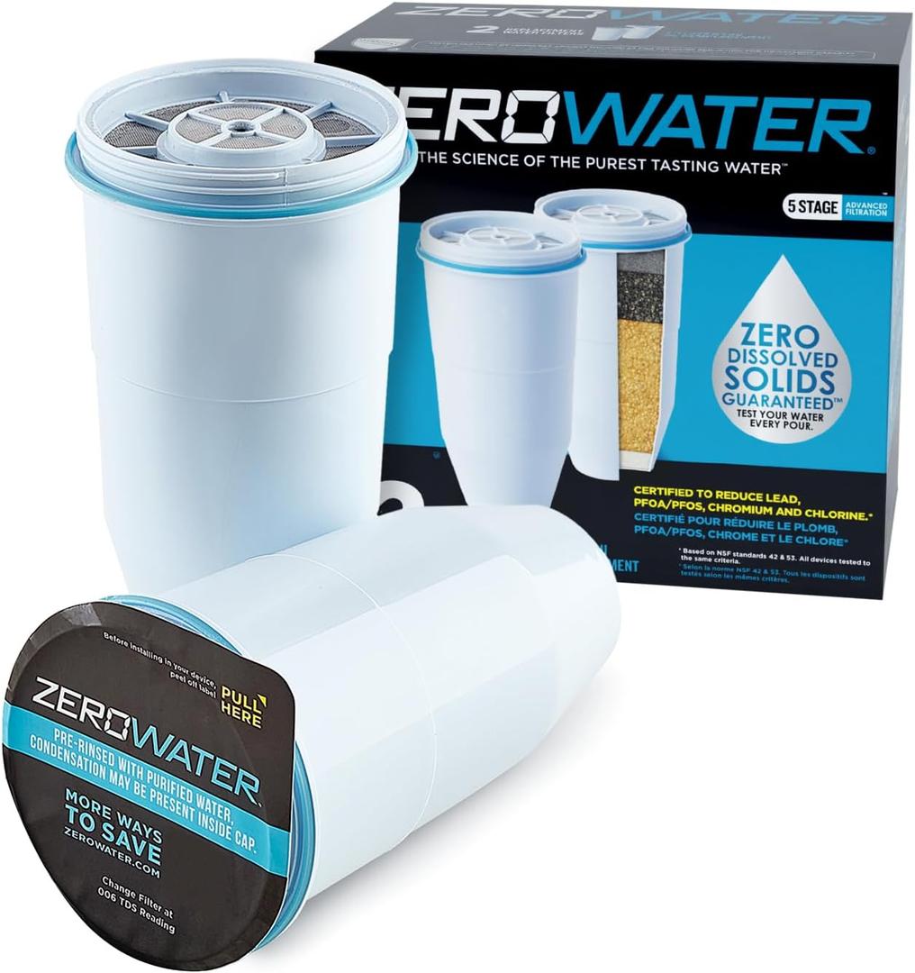 ZeroWater Official Replacement Filter - 5-Stage 0 TDS Filter Replacement - System IAPMO Certified to Reduce Lead, Chromium, and PFOA/PFOS, 2-Pack