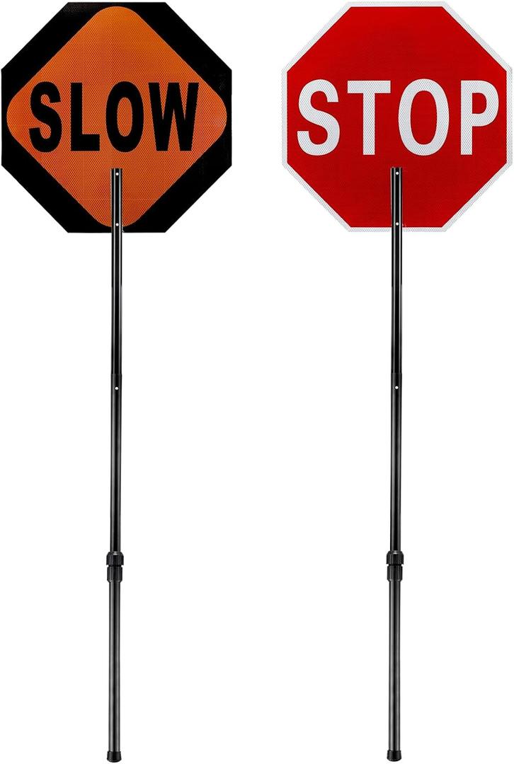 Kanayu 1 Pcs 18x18 Inch Double Sided Stop/Slow Paddle Signs Reflective Stop Slow Sign Flagger with Telescopic Pole Handheld Guard Paddle for Road Traffic Construction, 18'' Paddle Sign 60" Pole