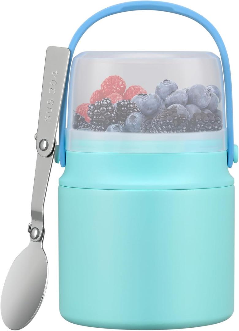 2-in-1 Insulated Food Jar with a Snack Container - 15oz Kids Soup Thermos for Hot Food with Handle and Spoon, Leak Proof Bento Lunch Box Kids, Perfect for School & Travel, Tiffany Blue