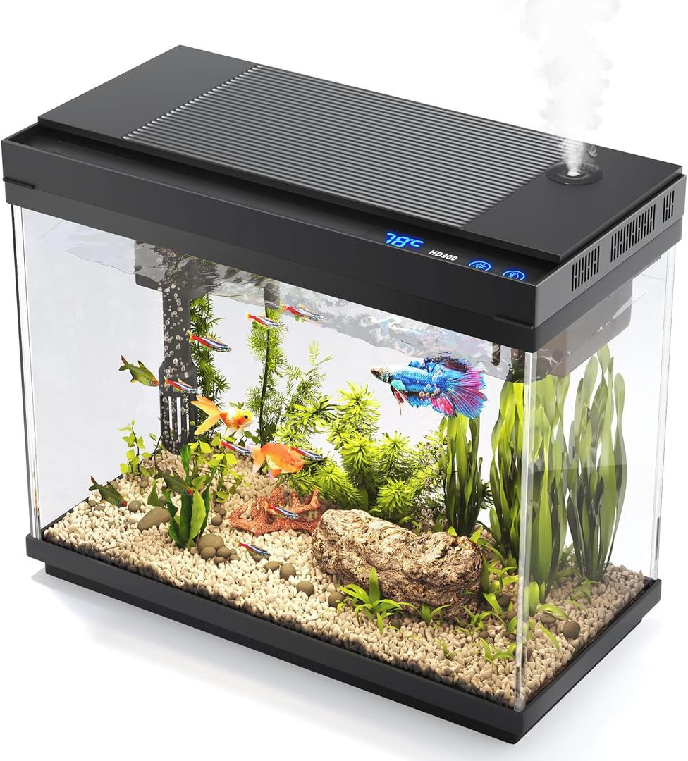 Vehipa Fish Tank, 2.4 Gallon Fish Aquarium, Fish Tank Starter kit with Smart Humidifier, Temperature Display, 7-Color Lighting, 3 in 1 Quiet Pump with Filteration & Oxygenation & Circulation (Black)