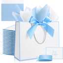 Ethhqu 12-Pack Gift Bags with Handles, Medium Size 12.6x10x4'' - Includes 24 Tissue Papers, Bows, Ribbons & Cards for Weddings, Bridesmaids, Birthdays, Thank You, Easter, Mother's Day, Holidays (White and blue gift bags)
