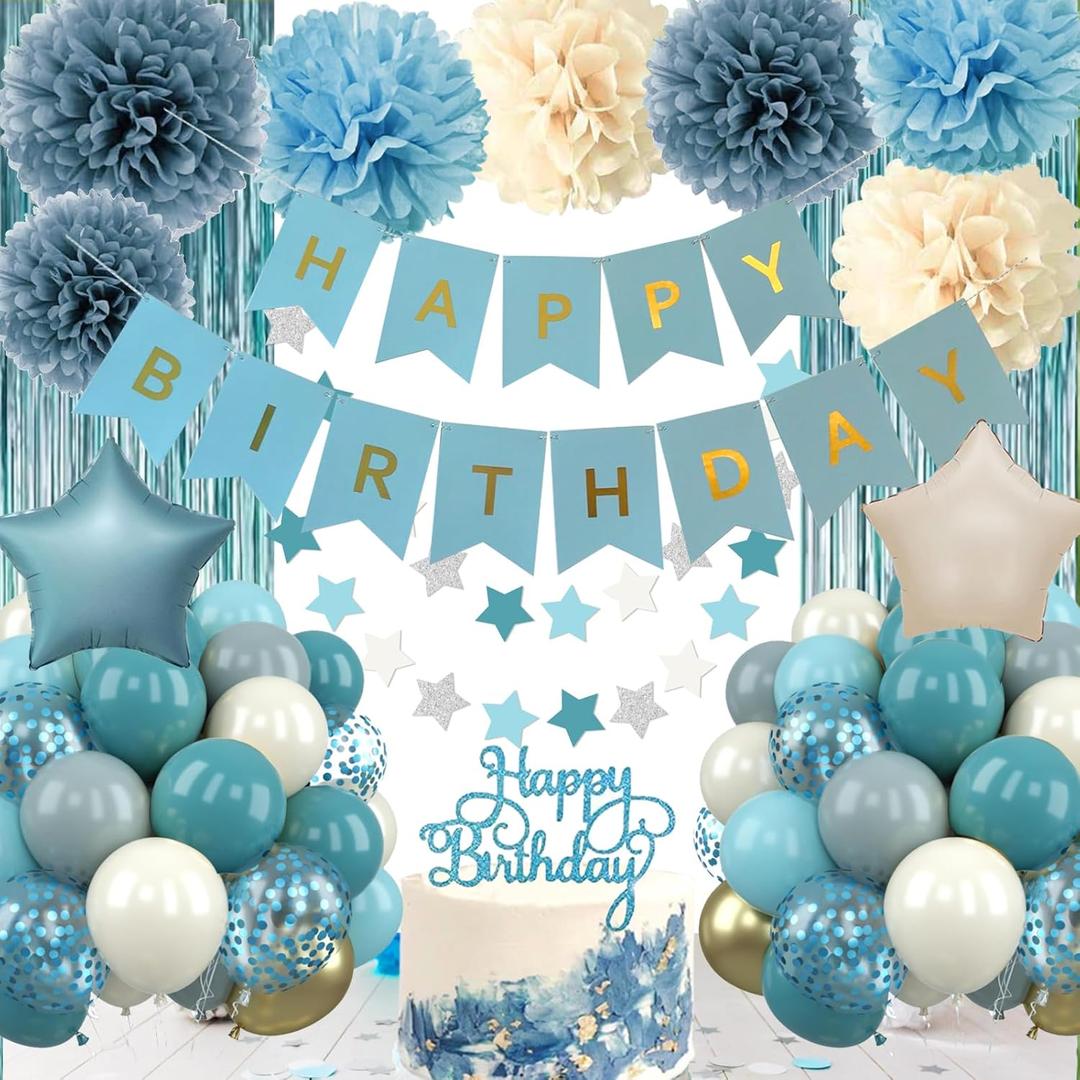 Blue Birthday Decorations - Blue Party Decor Balloons with Happy Birthday Banner Fringe Curtain Background Blue Pom Poms, Light Blue Birthday Decorations for Men Women