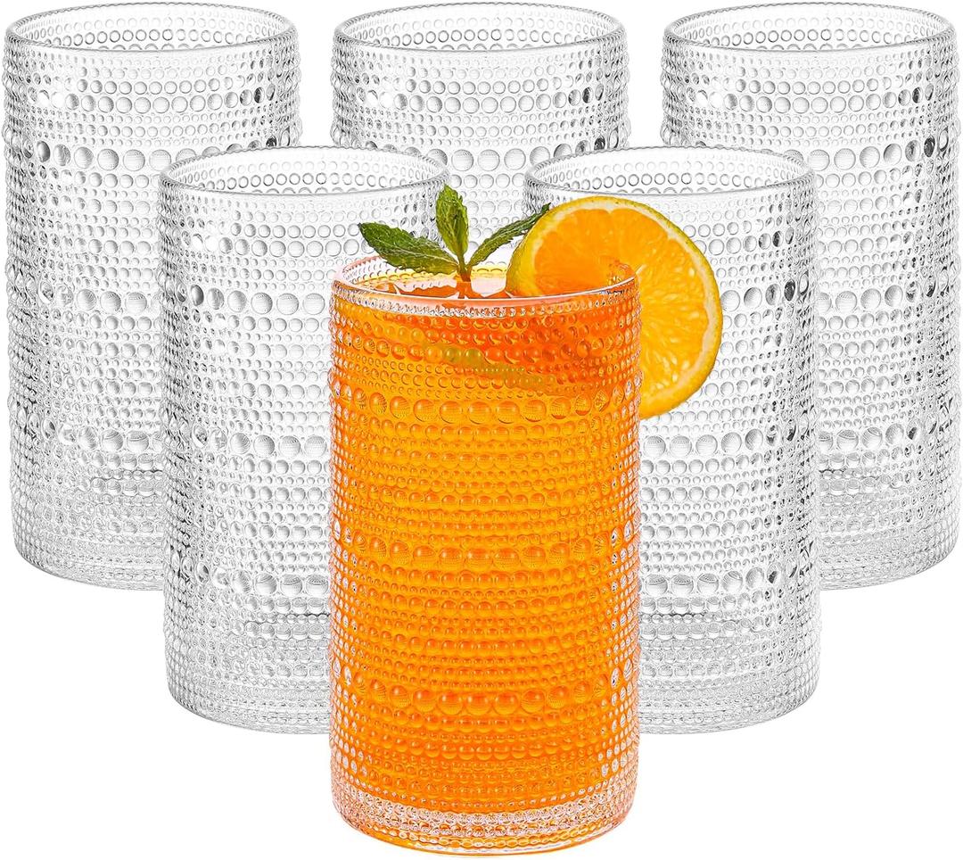 Large Vintage Hobnail Drinking Glasses Set of 6, 16oz Clear Highball Glasses Cups, Kitchen Water Glasses Cup, for Cocktail, Juice, Whiskey, Milk and Various Mixed Drinks