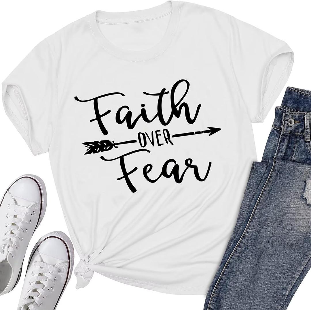 Faith Over Fear T-Shirt Christian Shirt Letter Graphic Tee God Merch Religious Church Bible Verse Top for Women Girls (Large)